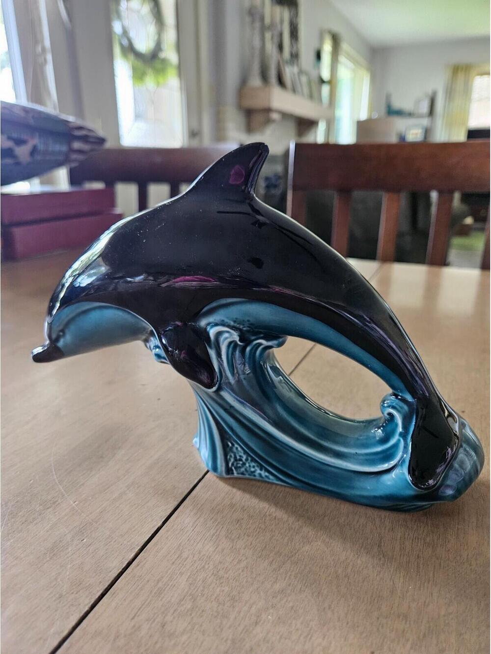 Dolphin Statue - Green Blue & Black Made By Poole Pottery 9"x6" - Picture 2 of 4